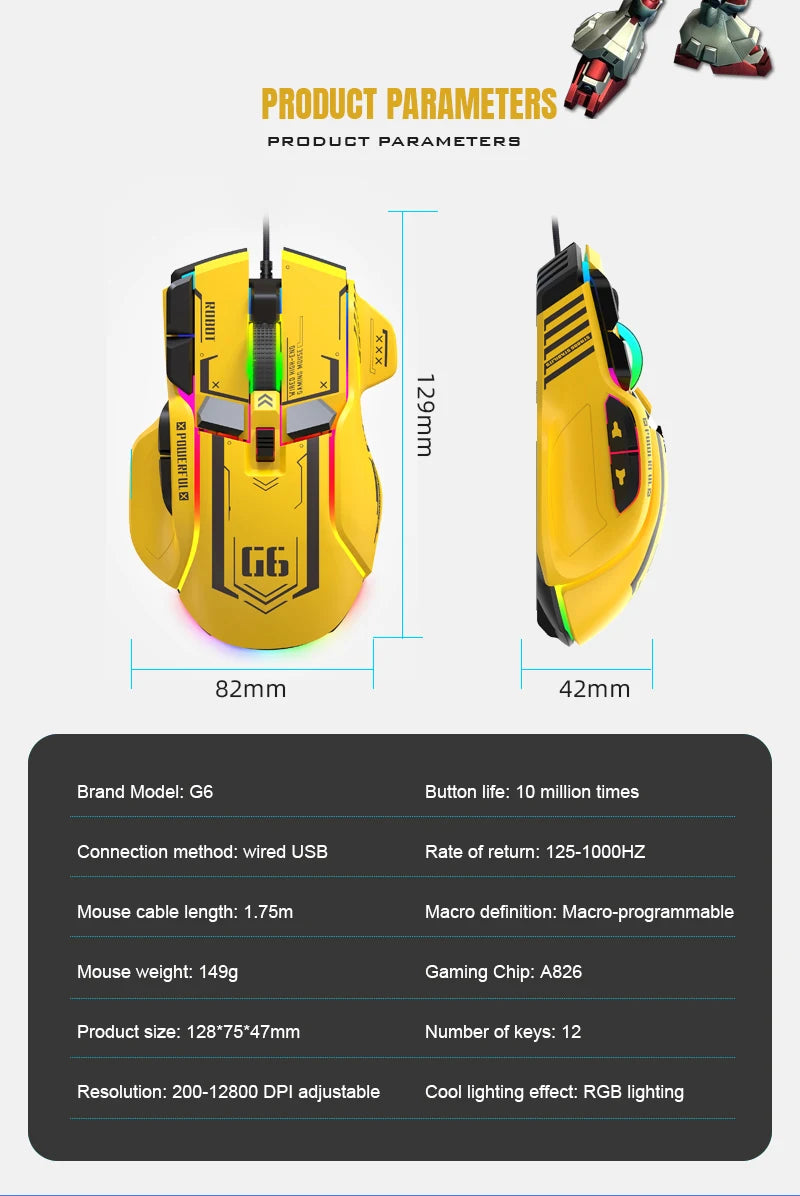 FreeWolf G6 Mechanical Wired Gaming Mouse 12800 DPI RGB Backlit Macro Ergonomic Mecha Design Ergonomic Gaming Office