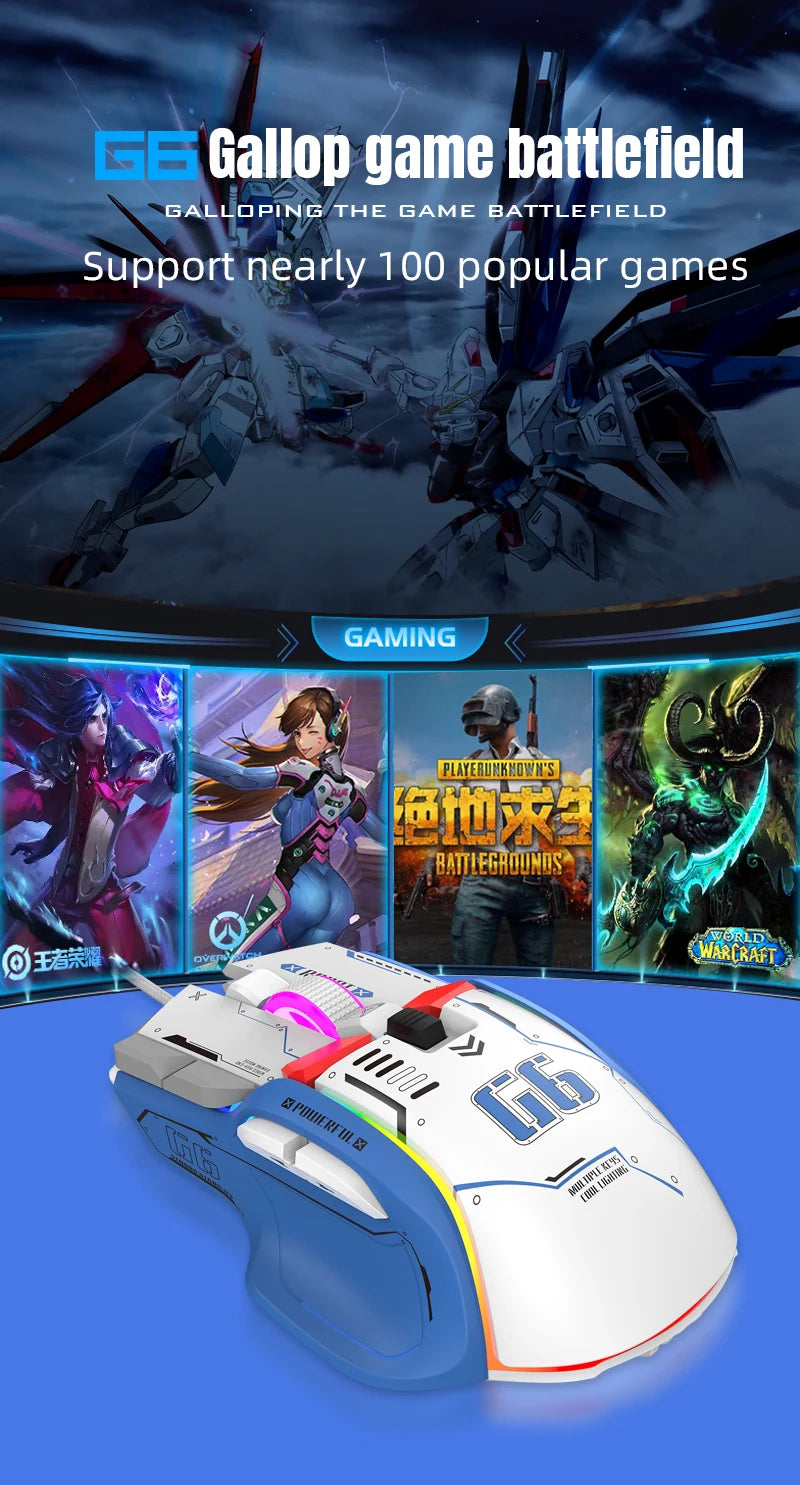 FreeWolf G6 Mechanical Wired Gaming Mouse 12800 DPI RGB Backlit Macro Ergonomic Mecha Design Ergonomic Gaming Office