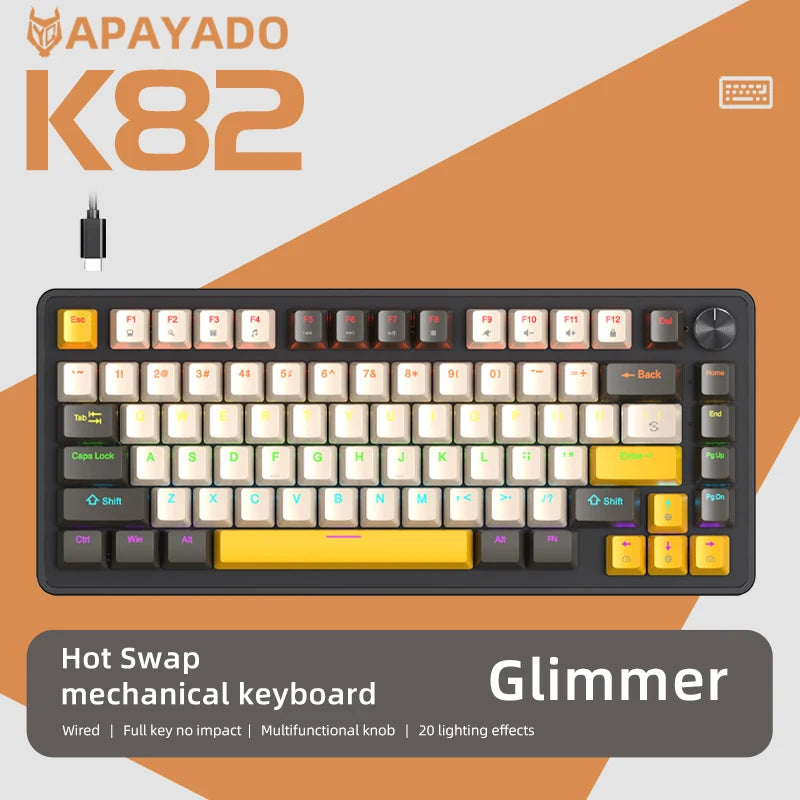 K82 Mechanical Wired Keyboard with Media Knob, APAYADO Hot Swap Gaming Keyboard, Transparent Character Backlighting,ABS Keycaps