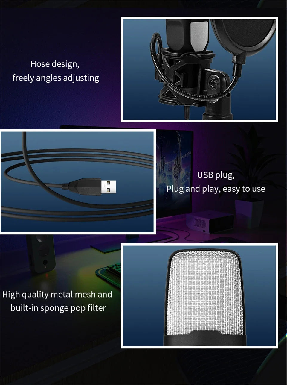 USB Microphone Clear Full RGB Capacitive Gaming Esports Desktop Microphone Live Conferencing Podcast Recording Studio Computer