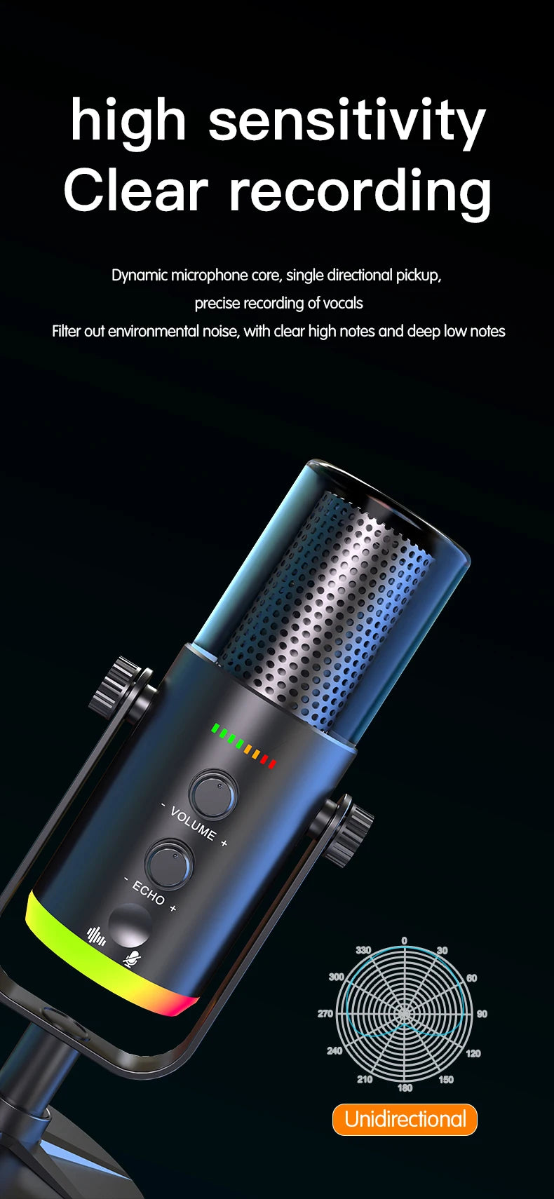 Gaming Microphone RGB With Noise Reduction Software Mic Gain Mute