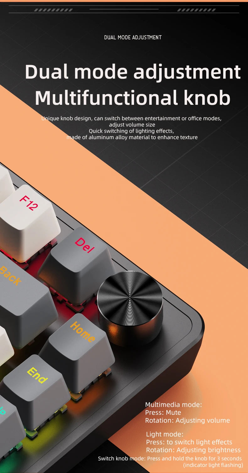 K82 Mechanical Wired Keyboard with Media Knob, APAYADO Hot Swap Gaming Keyboard, Transparent Character Backlighting,ABS Keycaps