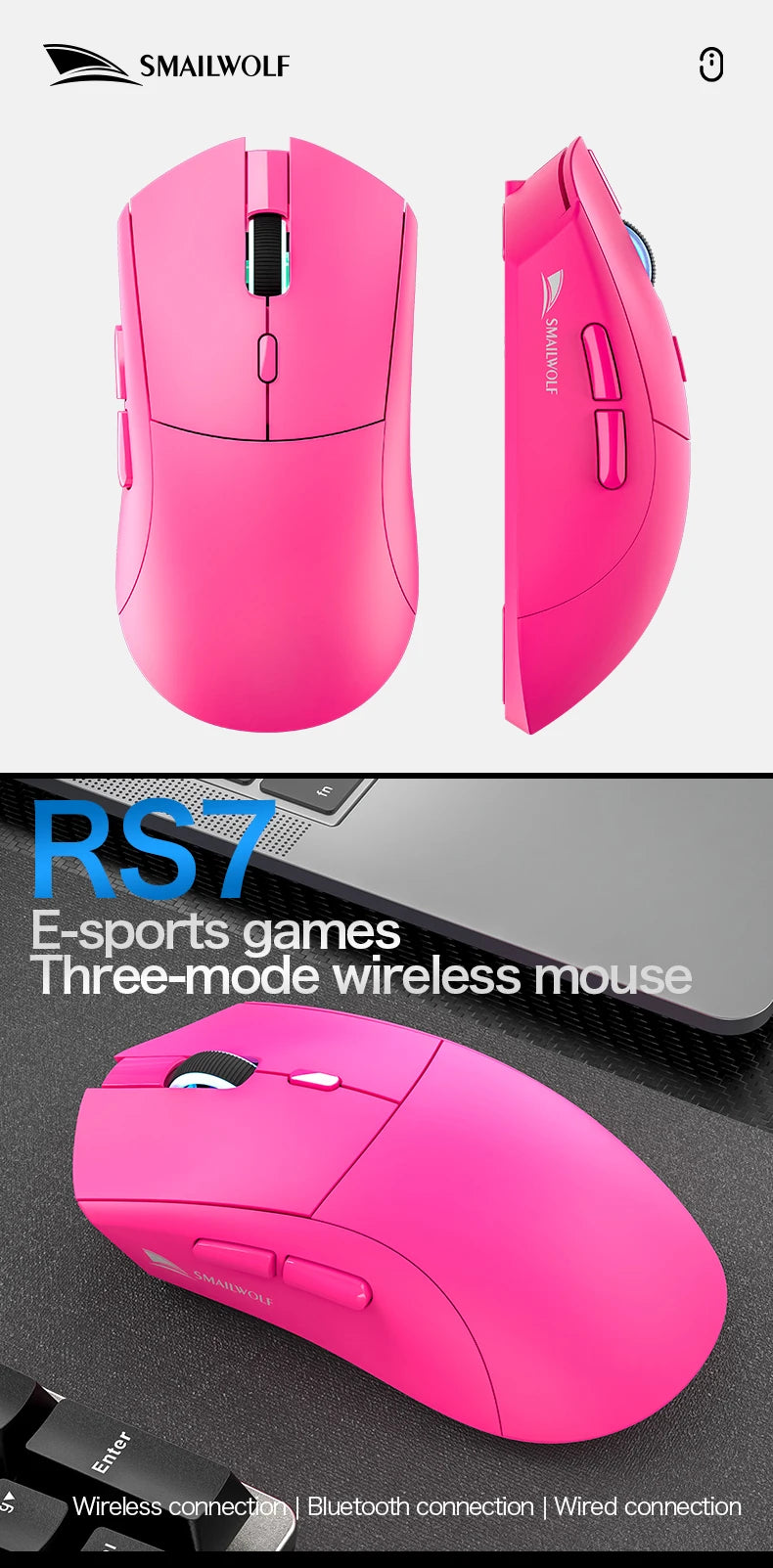 MAILWOLF RS7 Wireless Gaming Mouse – PAW3311 Sensor, 20000 DPI, Bluetooth & USB Receiver