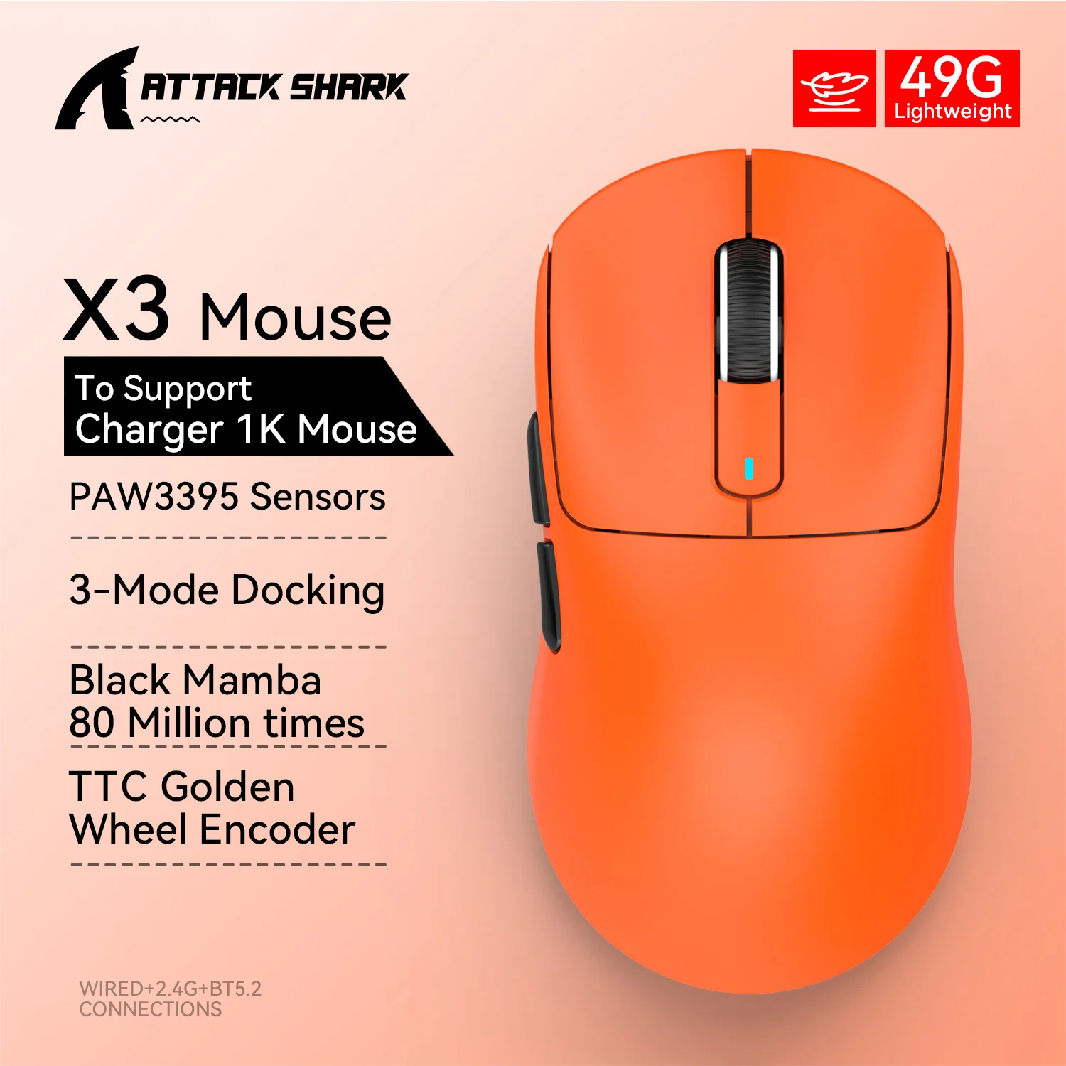 X3 Gaming Mouse Wireless ATTACK SHARK Red Color 4K