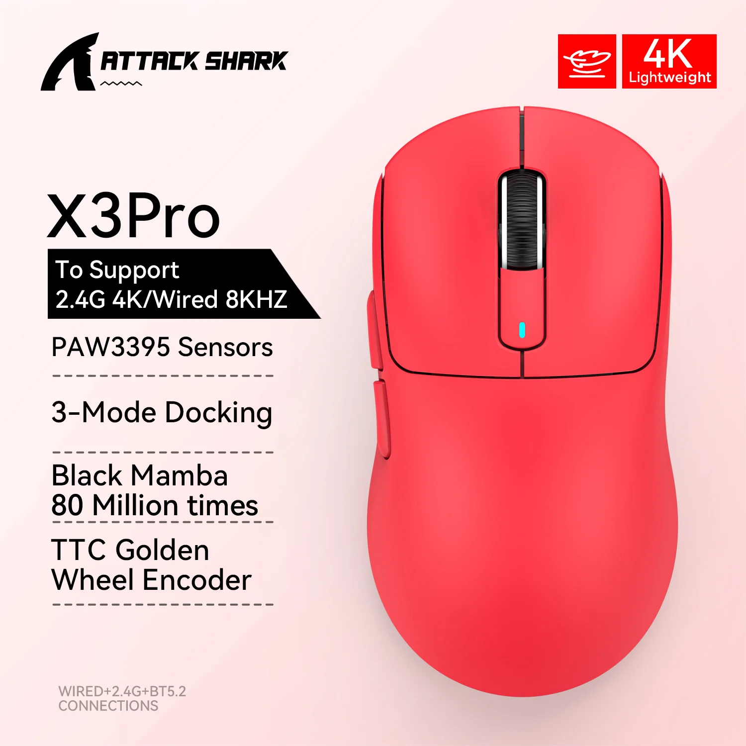 X3 Gaming Mouse Wireless ATTACK SHARK Red Color 4K