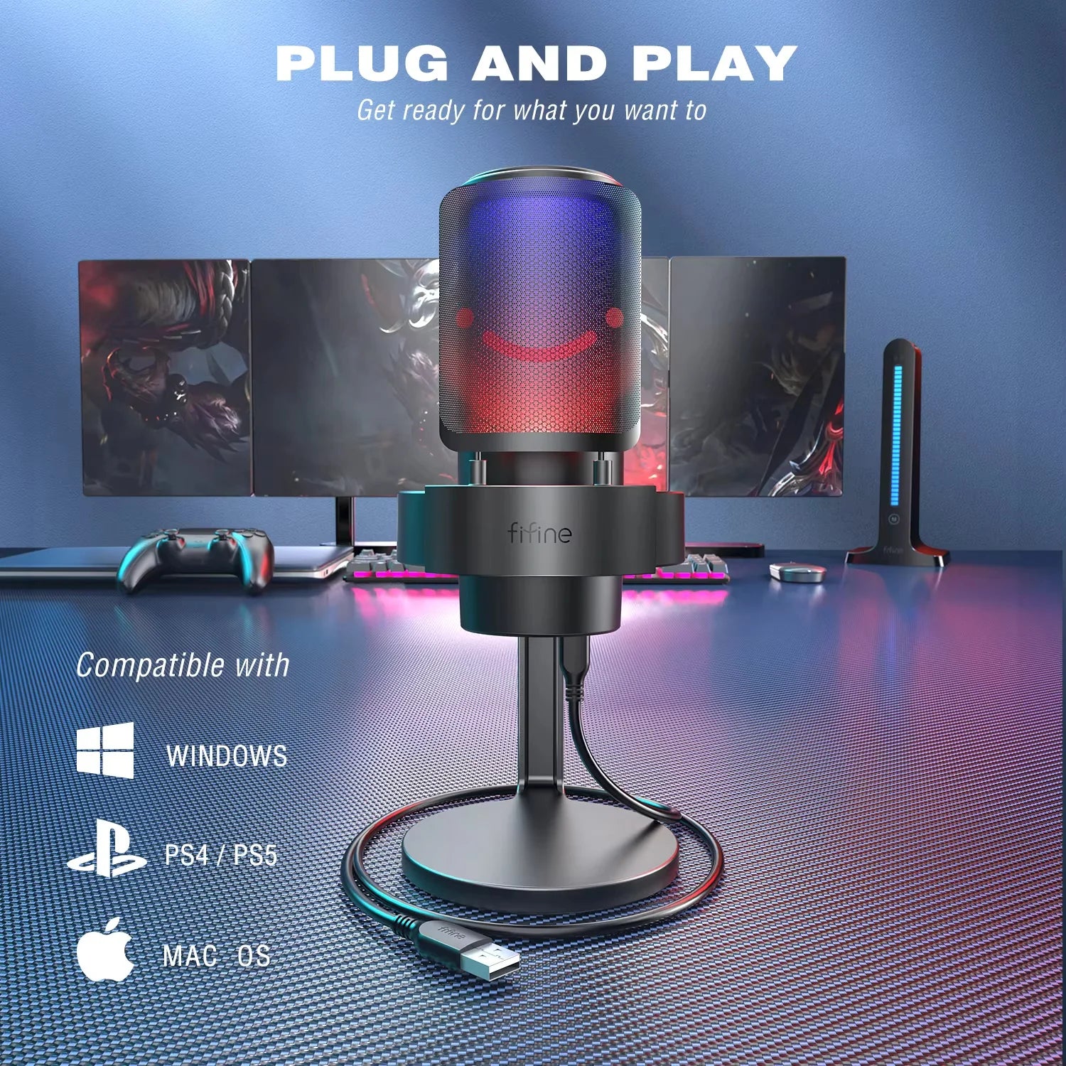 FIFINE Gaming Microphone with RGB Control, Mute Touch,Condenser Computer Desktop Mic with Pop Filter for Recording/Streaming
