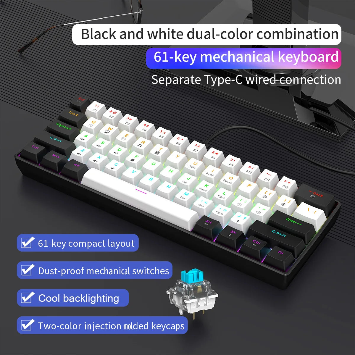 Mechanical Keyboard Gamer 60% Mini 6 1Keys Backlit PC Switches Keyboards Portable Wired Cute Laptop Key Board Teclado Mecanico
