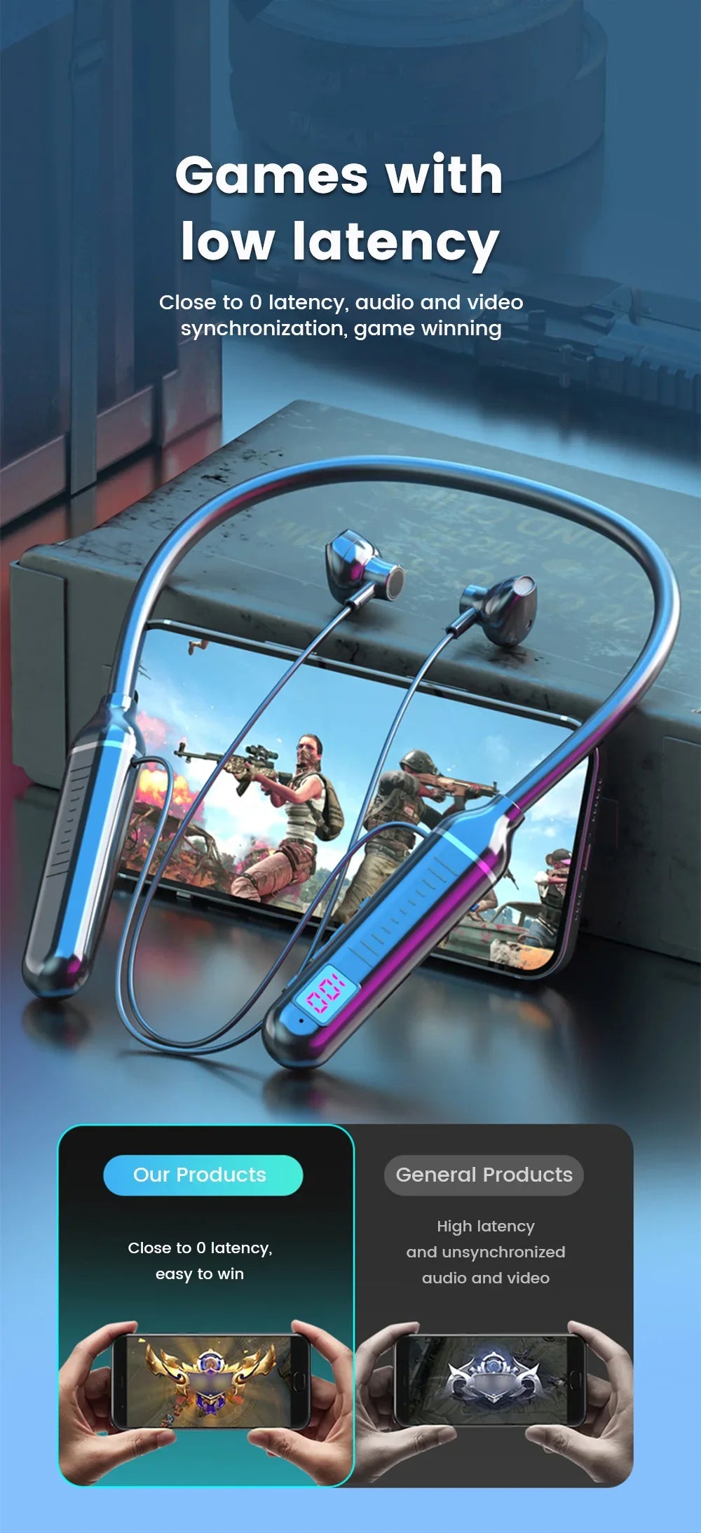 Wireless Earphones 5.3 Neckband Headphones Gaming with LED Display