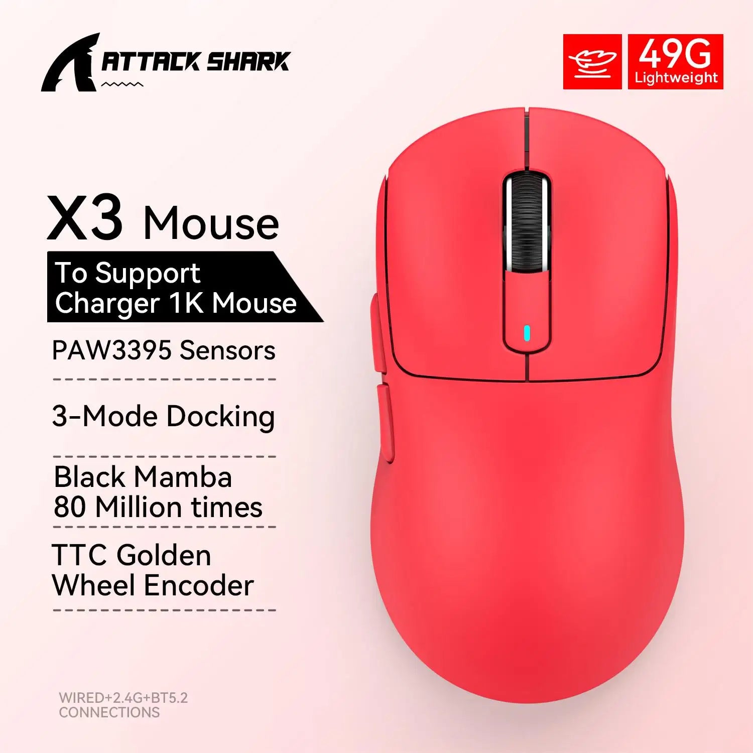 X3 Gaming Mouse Wireless ATTACK SHARK Red Color 4K
