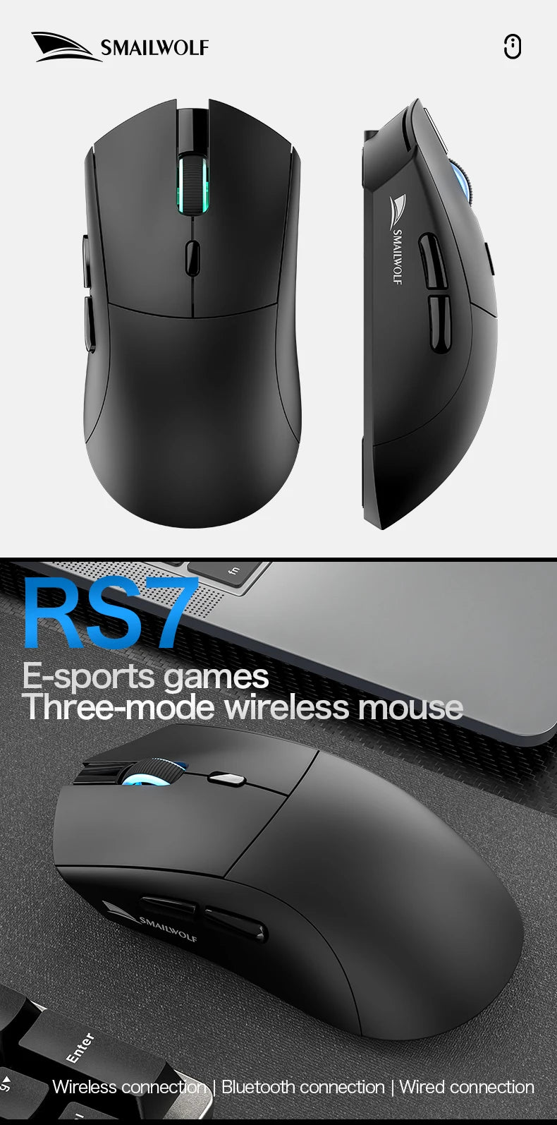 MAILWOLF RS7 Wireless Gaming Mouse – PAW3311 Sensor, 20000 DPI, Bluetooth & USB Receiver