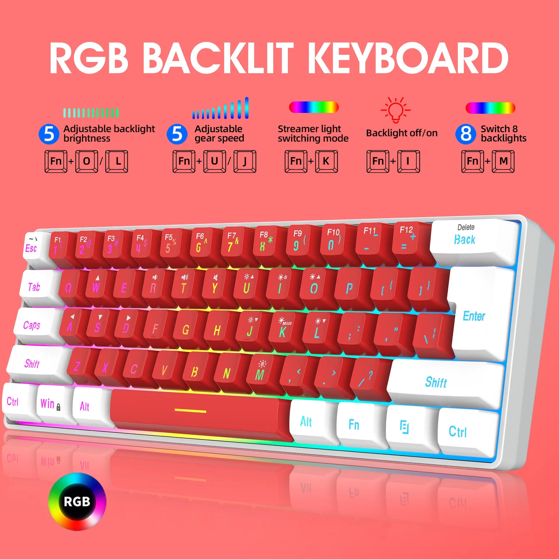 Keyboard Gaming PC Backlit Pink Keyboards 61 Keys Mini Computer 60% Musical USB Lady Ergonomic Office Wired Key Board Portable