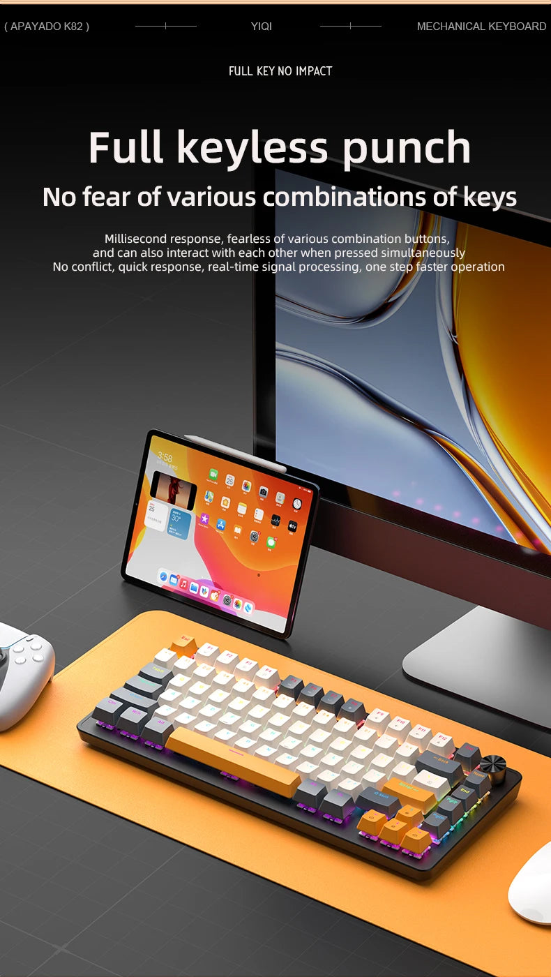 K82 Mechanical Wired Keyboard with Media Knob, APAYADO Hot Swap Gaming Keyboard, Transparent Character Backlighting,ABS Keycaps