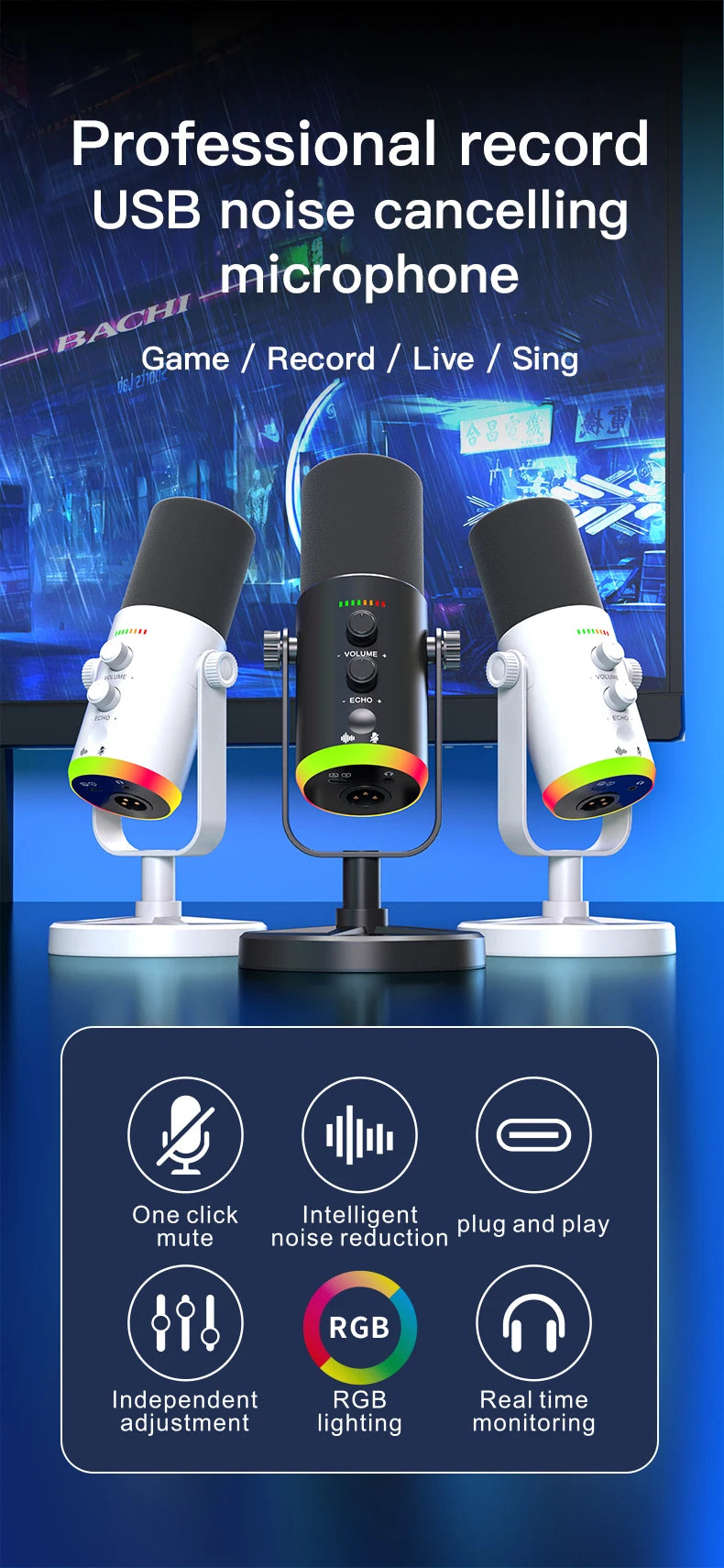 Gaming Microphone RGB With Noise Reduction Software Mic Gain Mute