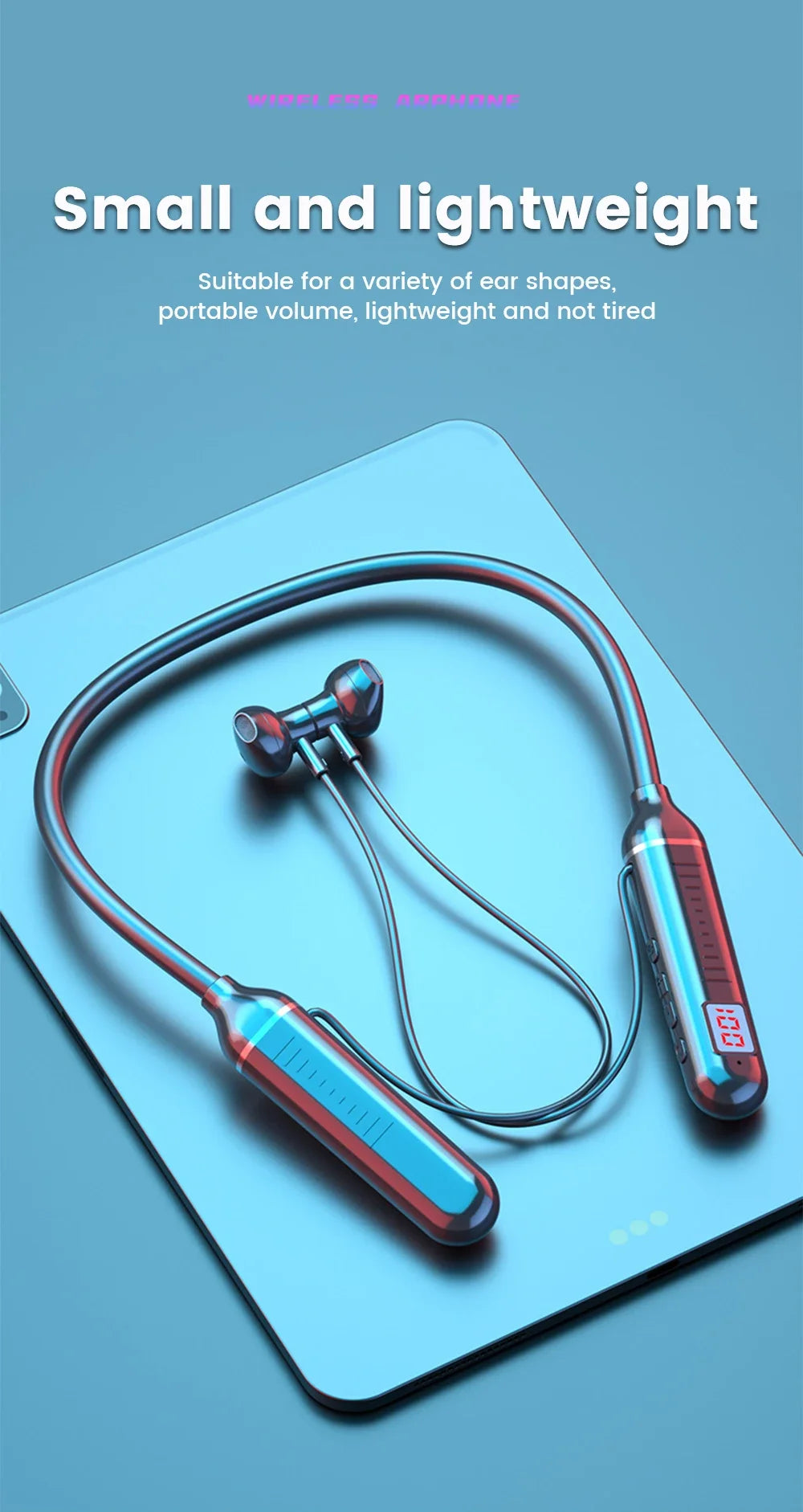 Wireless Earphones 5.3 Neckband Headphones Gaming with LED Display