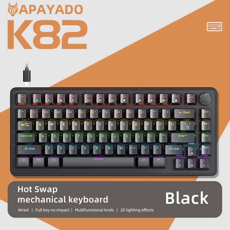 K82 Mechanical Wired Keyboard with Media Knob, APAYADO Hot Swap Gaming Keyboard, Transparent Character Backlighting,ABS Keycaps