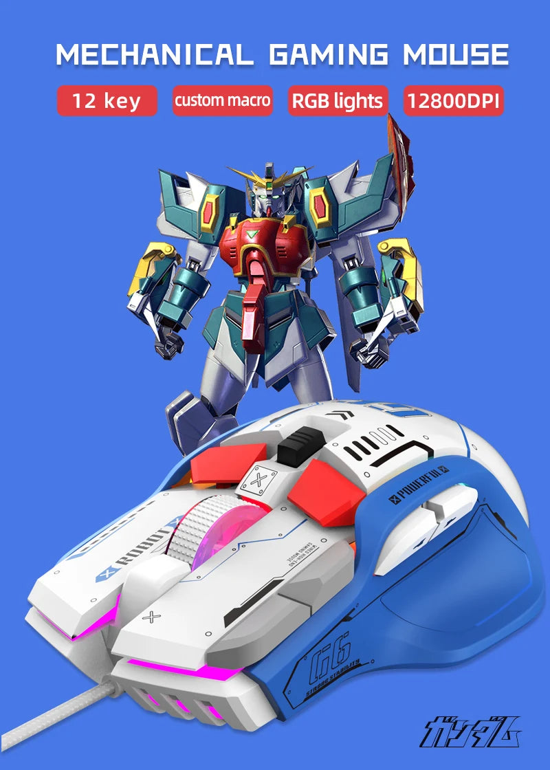 FreeWolf G6 Mechanical Wired Gaming Mouse 12800 DPI RGB Backlit Macro Ergonomic Mecha Design Ergonomic Gaming Office