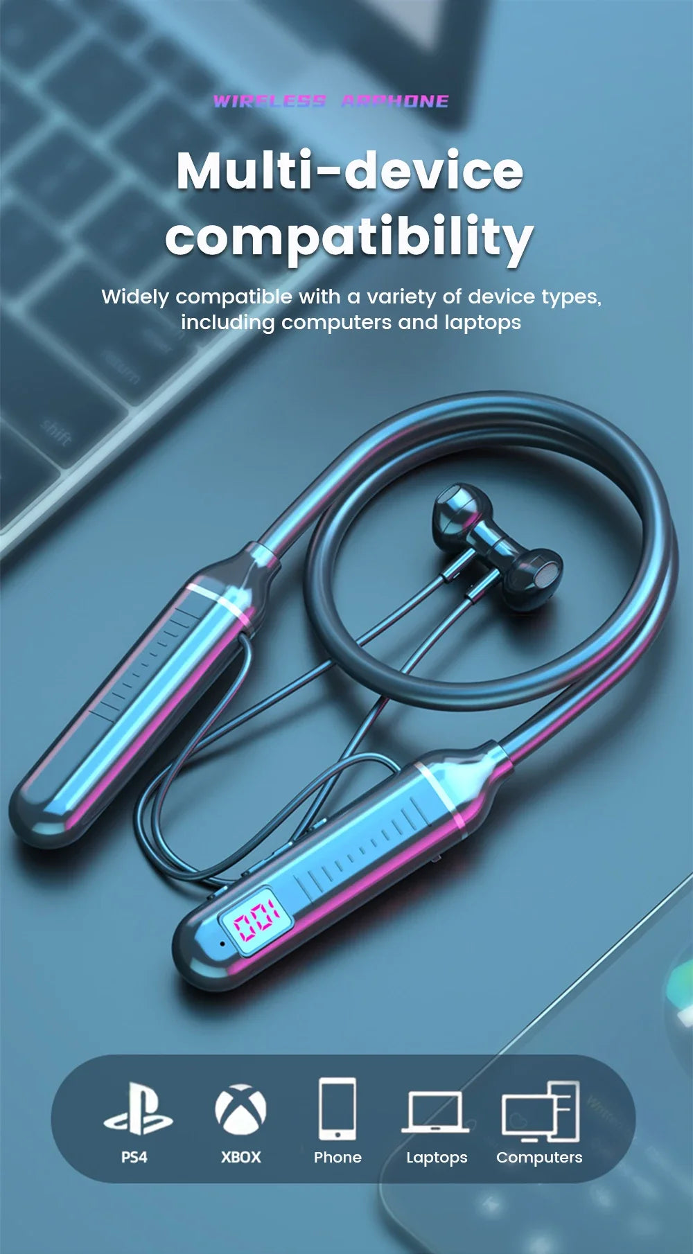 Wireless Earphones 5.3 Neckband Headphones Gaming with LED Display