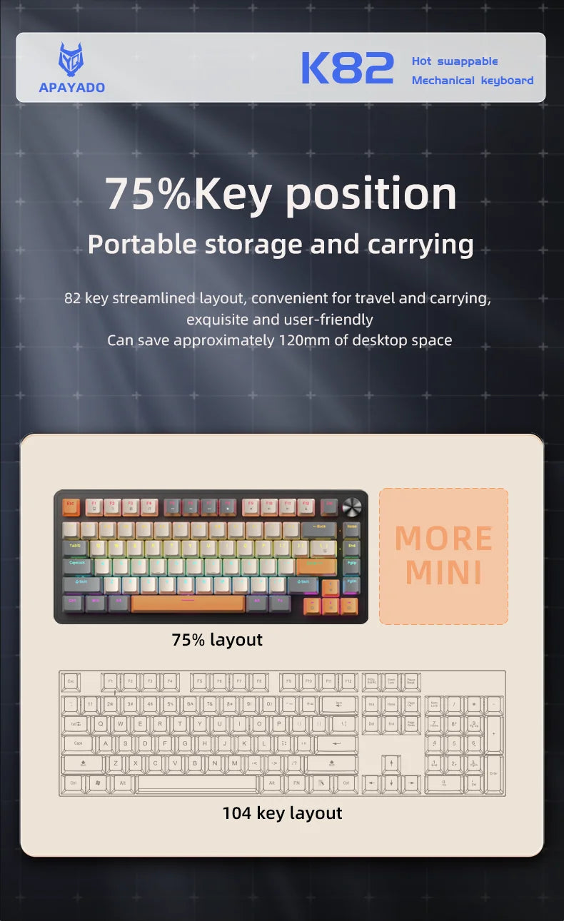 K82 Mechanical Wired Keyboard with Media Knob, APAYADO Hot Swap Gaming Keyboard, Transparent Character Backlighting,ABS Keycaps