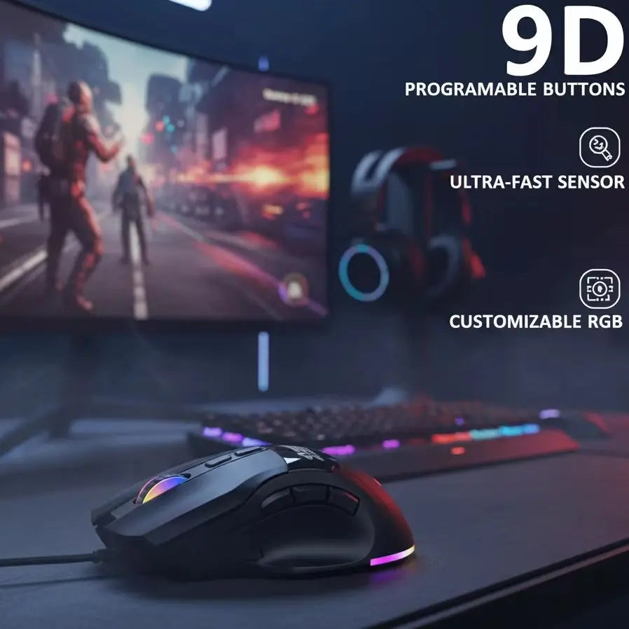 RGB Programmable Wired Gaming Mouse with 9 Programmable Buttons, Adjustable DPI & Ergonomic Design for PC and Laptop