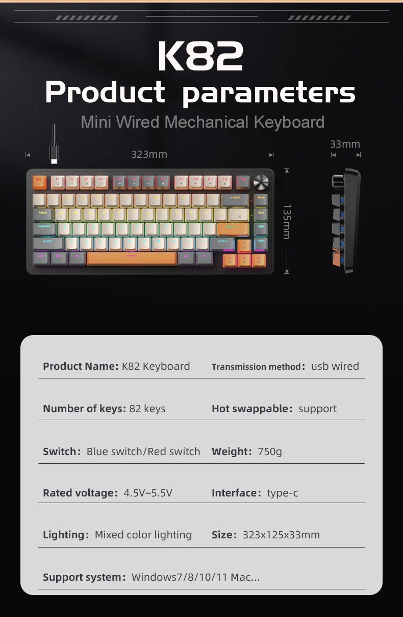 K82 Mechanical Wired Keyboard with Media Knob, APAYADO Hot Swap Gaming Keyboard, Transparent Character Backlighting,ABS Keycaps
