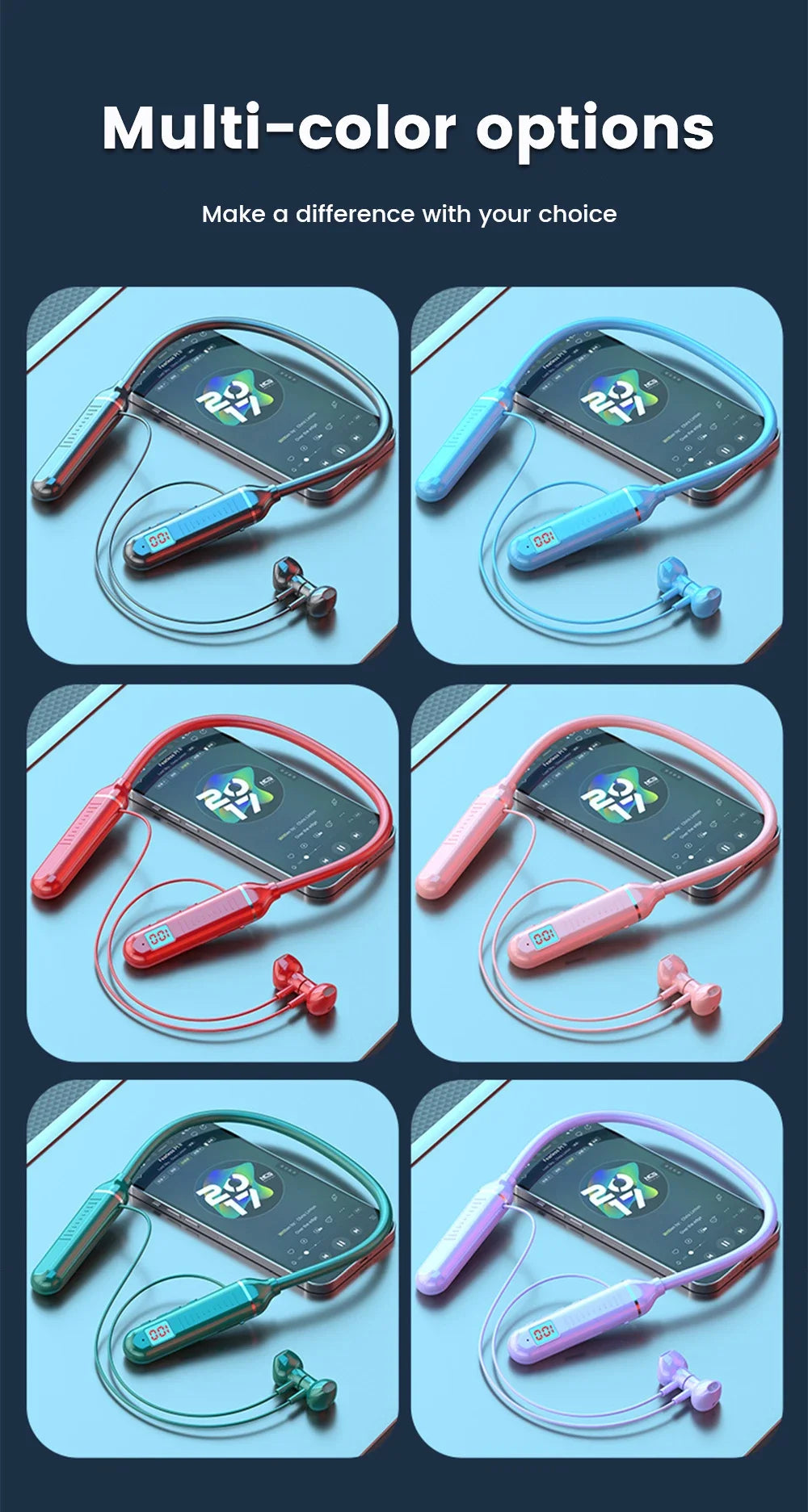 Wireless Earphones 5.3 Neckband Headphones Gaming with LED Display
