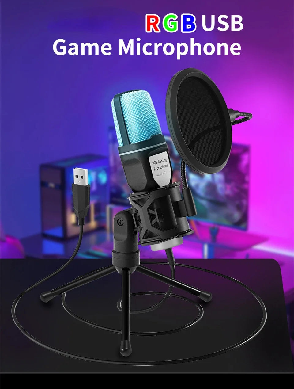USB Microphone Clear Full RGB Capacitive Gaming Esports Desktop Microphone Live Conferencing Podcast Recording Studio Computer