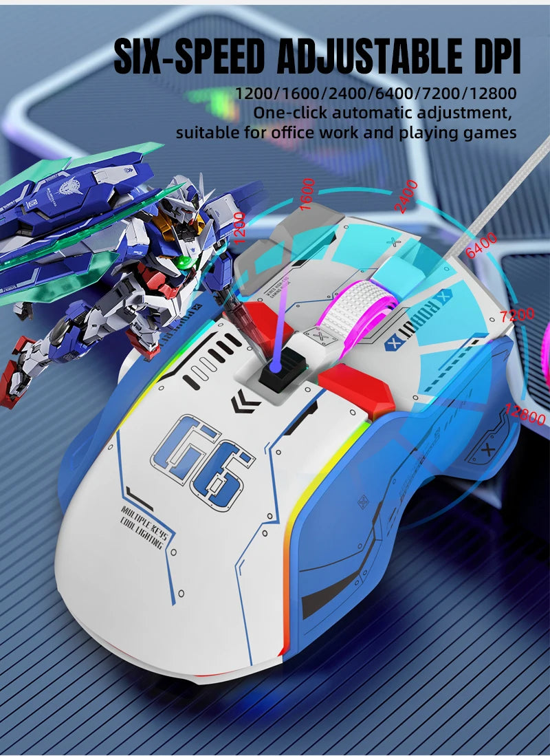 FreeWolf G6 Mechanical Wired Gaming Mouse 12800 DPI RGB Backlit Macro Ergonomic Mecha Design Ergonomic Gaming Office