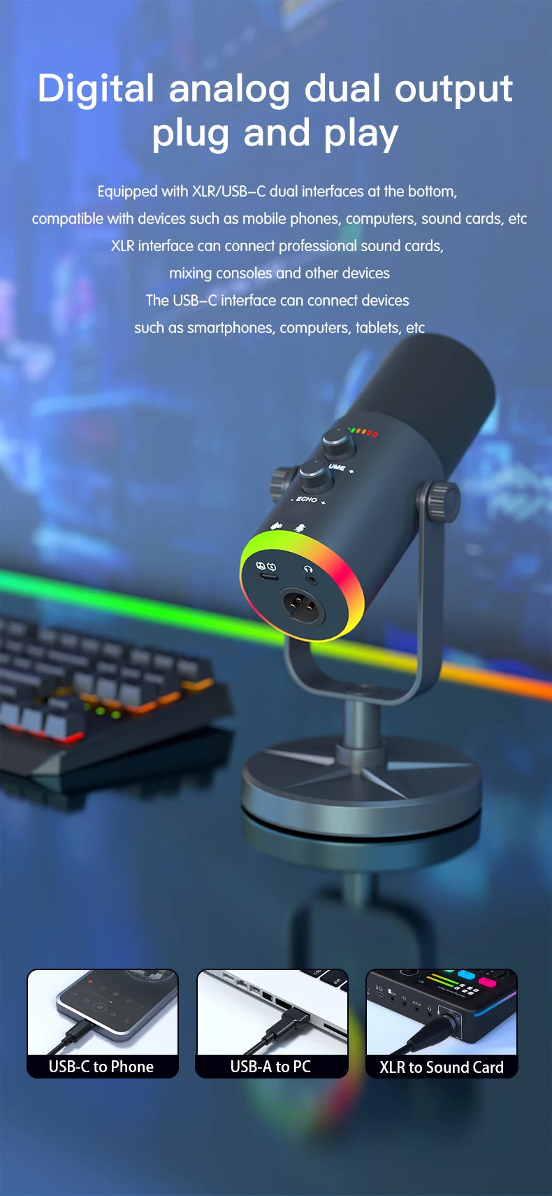 Gaming Microphone RGB With Noise Reduction Software Mic Gain Mute
