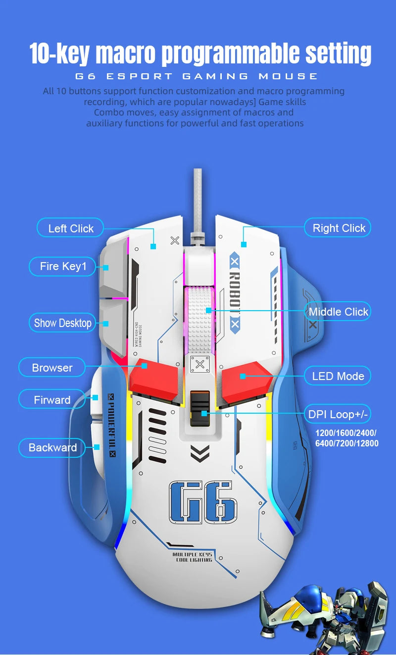 FreeWolf G6 Mechanical Wired Gaming Mouse 12800 DPI RGB Backlit Macro Ergonomic Mecha Design Ergonomic Gaming Office