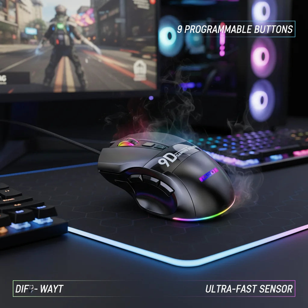 RGB Programmable Wired Gaming Mouse with 9 Programmable Buttons, Adjustable DPI & Ergonomic Design for PC and Laptop