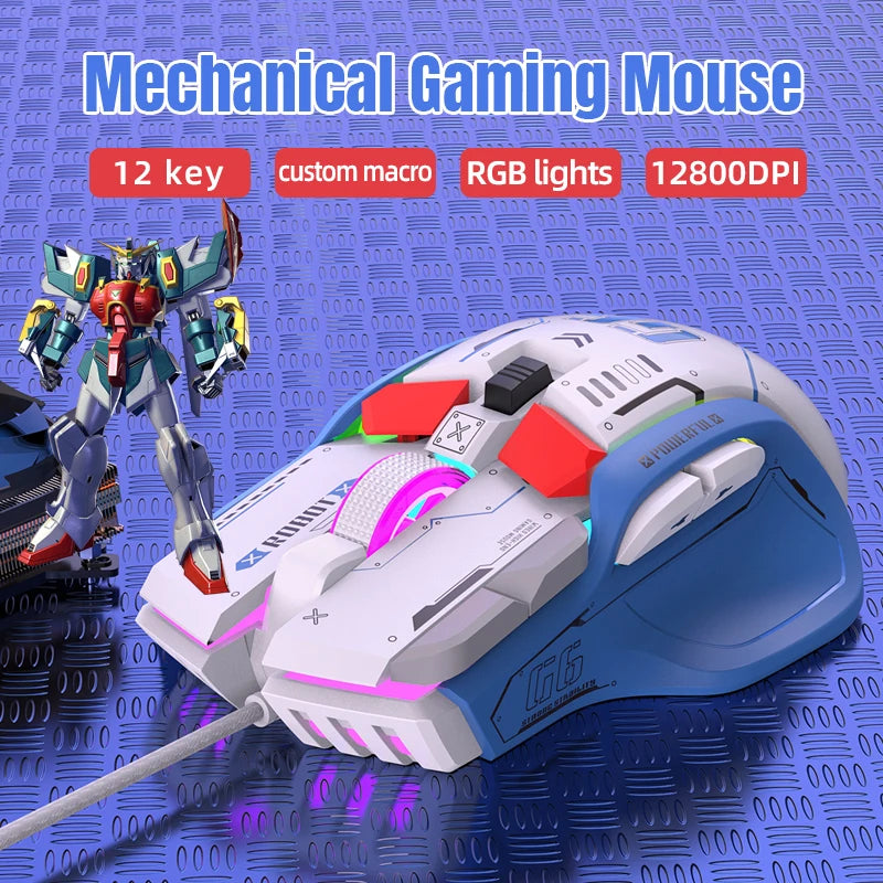 FreeWolf G6 Mechanical Wired Gaming Mouse 12800 DPI RGB Backlit Macro Ergonomic Mecha Design Ergonomic Gaming Office