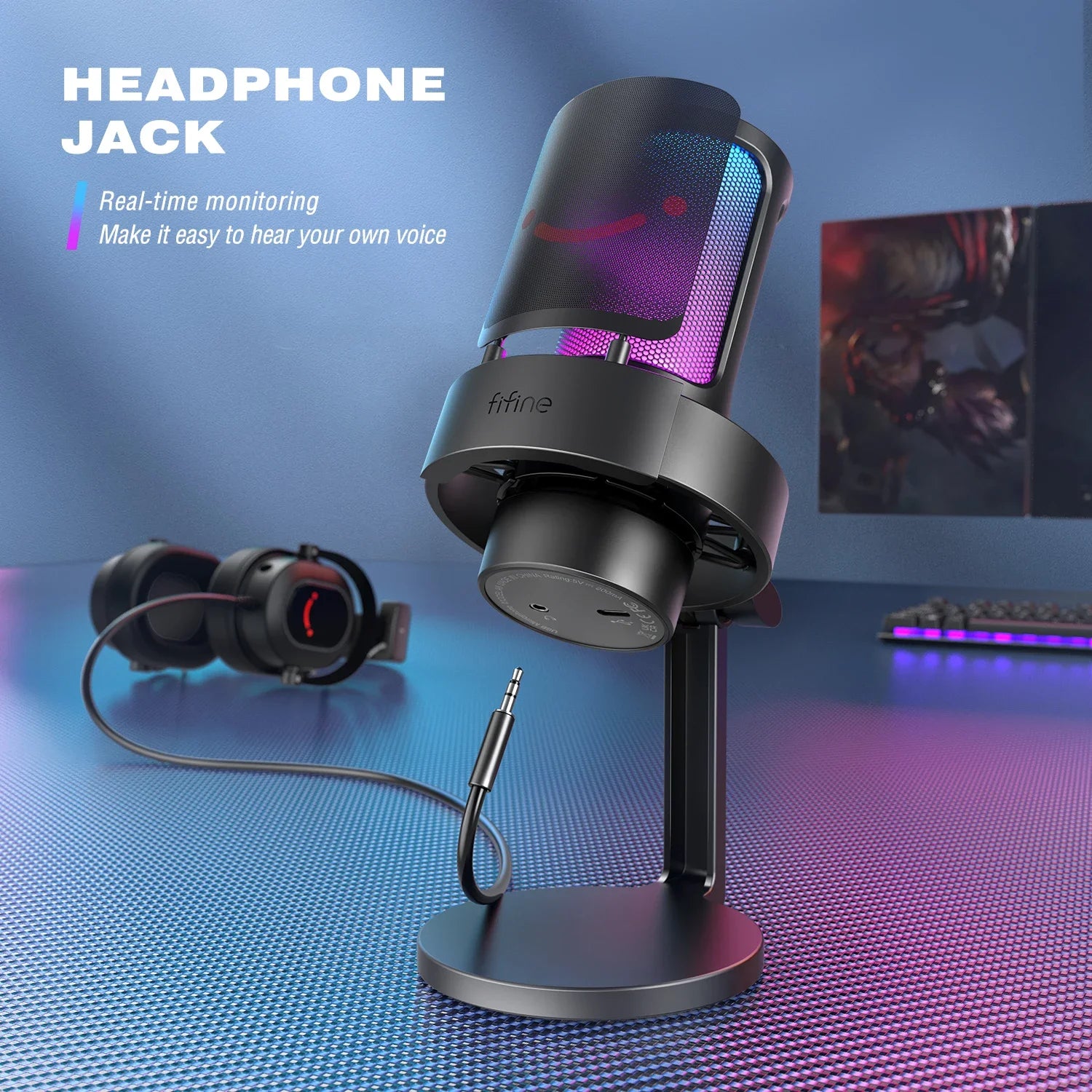 FIFINE Gaming Microphone with RGB Control, Mute Touch,Condenser Computer Desktop Mic with Pop Filter for Recording/Streaming