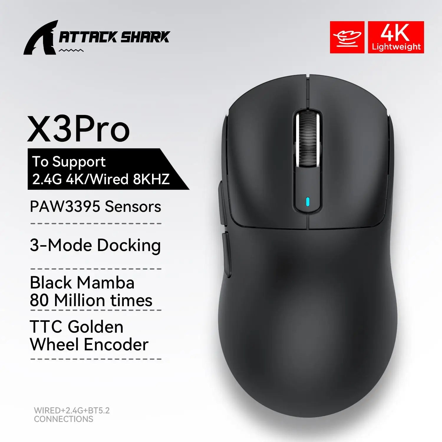 X3 Gaming Mouse Wireless ATTACK SHARK Red Color 4K