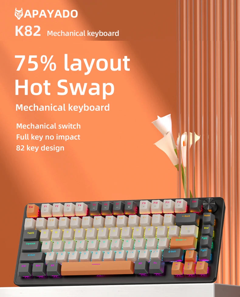 K82 Mechanical Wired Keyboard with Media Knob, APAYADO Hot Swap Gaming Keyboard, Transparent Character Backlighting,ABS Keycaps