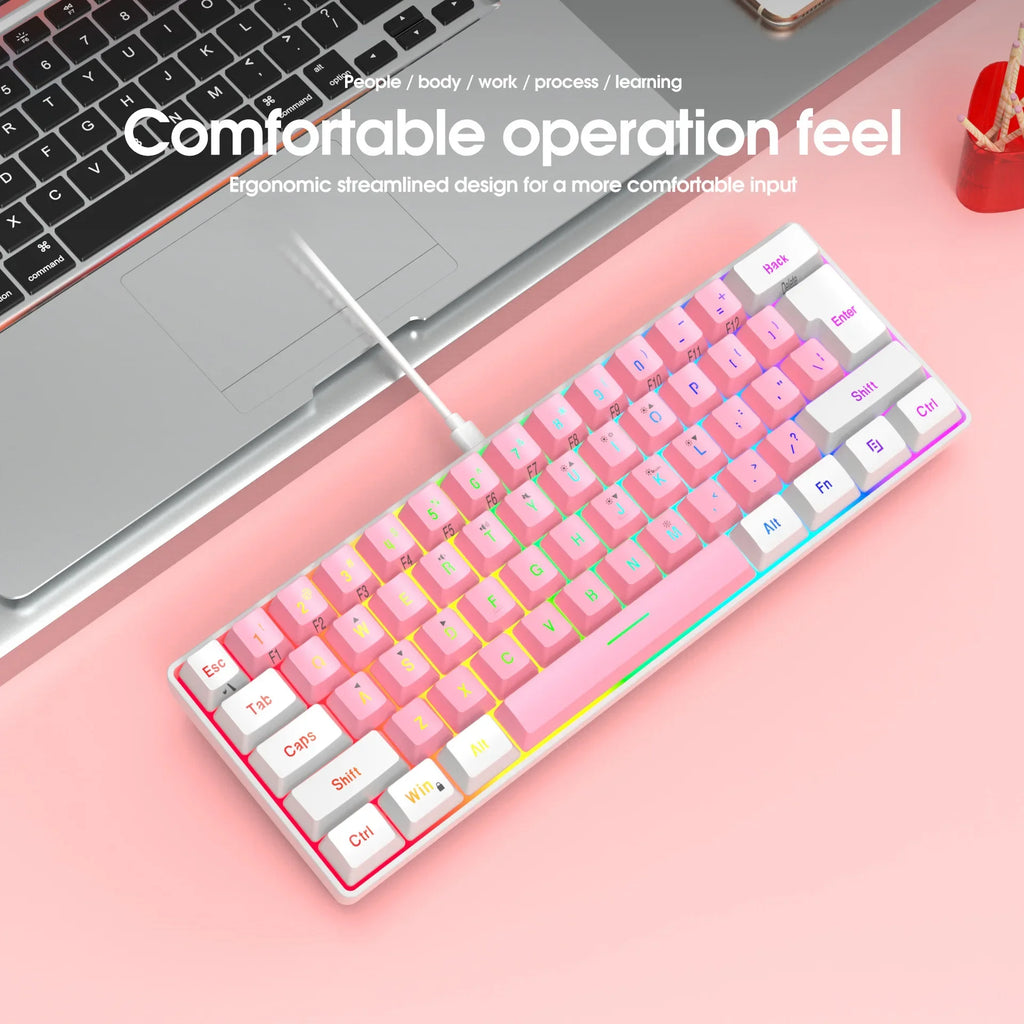 Keyboard Gaming PC Backlit Pink Keyboards 61 Keys Mini Computer 60% Musical USB Lady Ergonomic Office Wired Key Board Portable