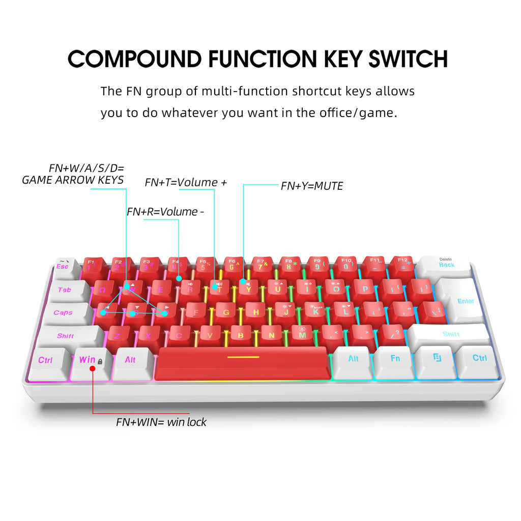 Keyboard Gaming PC Backlit Pink Keyboards 61 Keys Mini Computer 60% Musical USB Lady Ergonomic Office Wired Key Board Portable