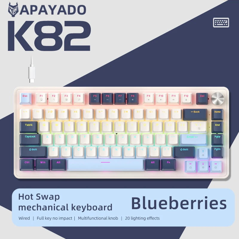 K82 Mechanical Wired Keyboard with Media Knob, APAYADO Hot Swap Gaming Keyboard, Transparent Character Backlighting,ABS Keycaps