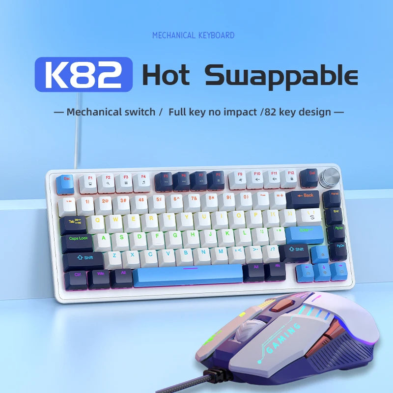 K82 Mechanical Wired Keyboard with Media Knob, APAYADO Hot Swap Gaming Keyboard, Transparent Character Backlighting,ABS Keycaps