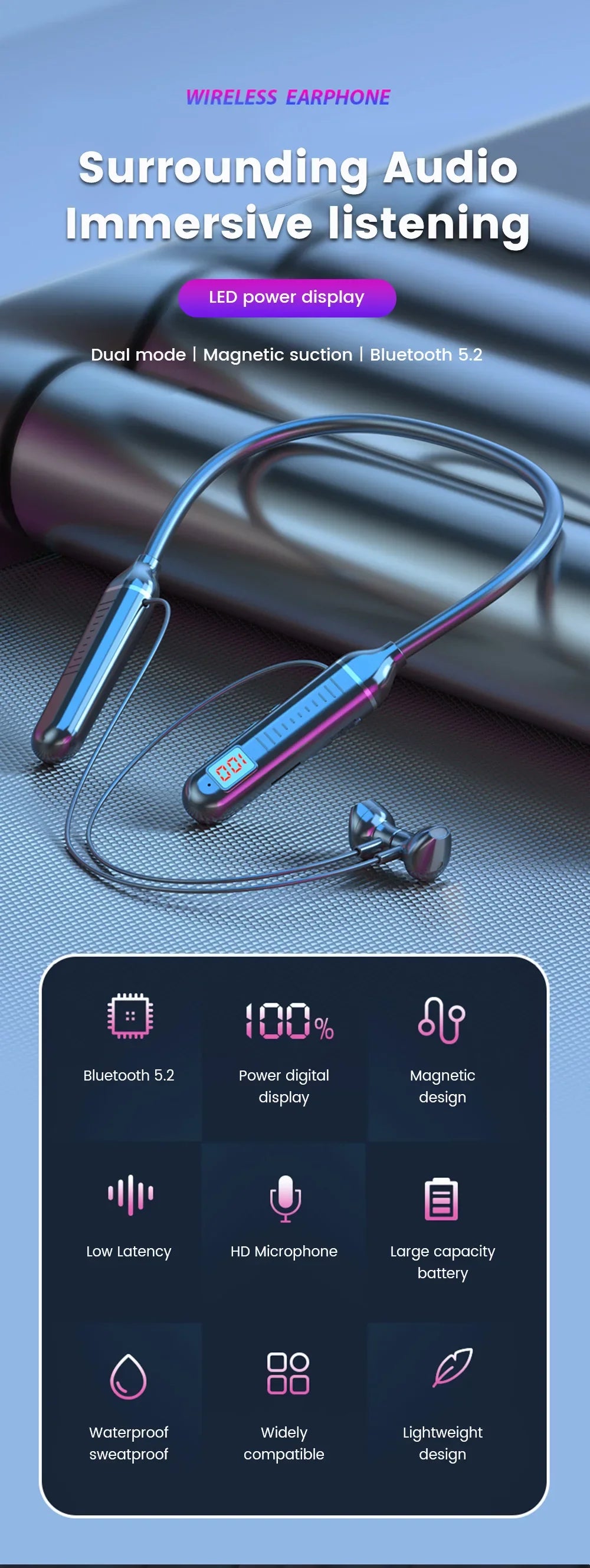 Wireless Earphones 5.3 Neckband Headphones Gaming with LED Display