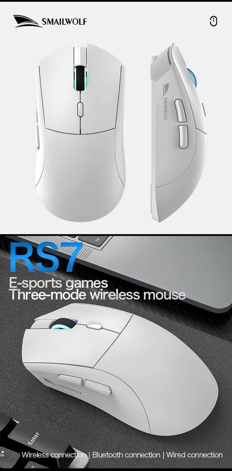 MAILWOLF RS7 Wireless Gaming Mouse – PAW3311 Sensor, 20000 DPI, Bluetooth & USB Receiver