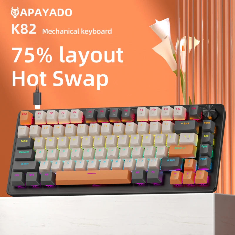 K82 Mechanical Wired Keyboard with Media Knob, APAYADO Hot Swap Gaming Keyboard, Transparent Character Backlighting,ABS Keycaps