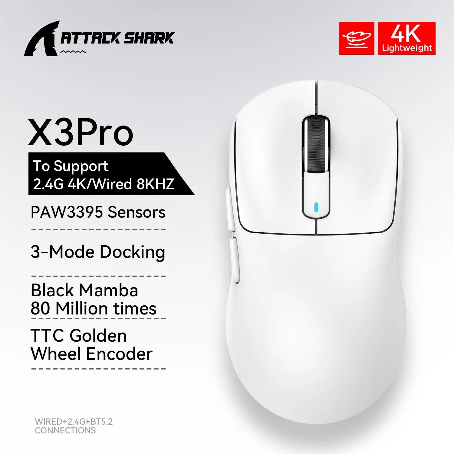 X3 Gaming Mouse Wireless ATTACK SHARK Red Color 4K